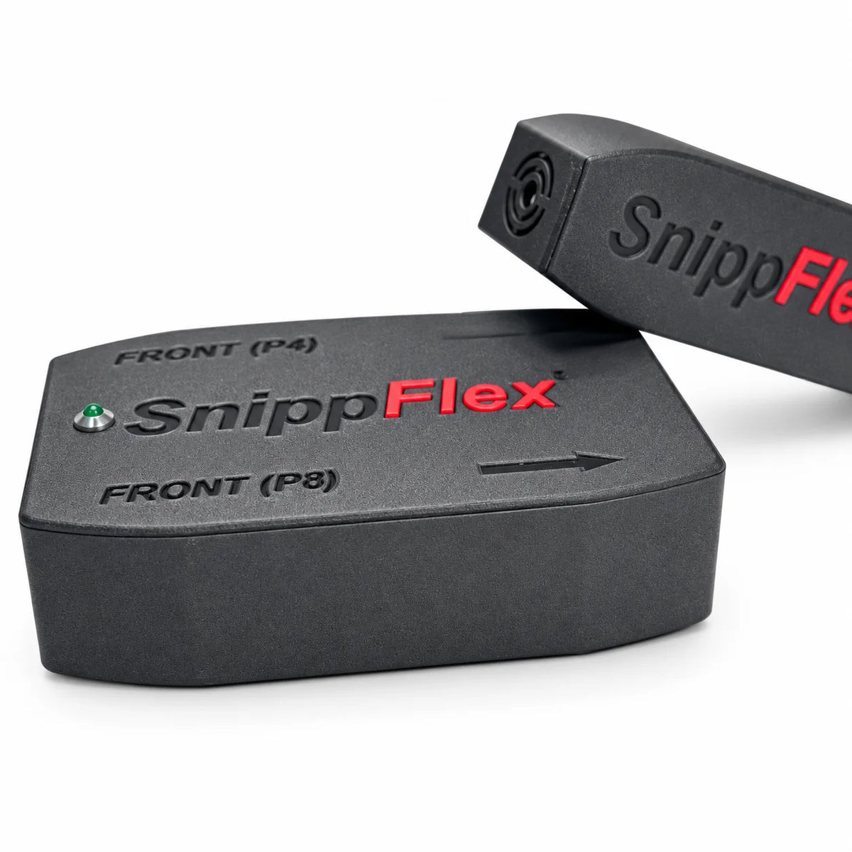 Die beiden SnippFLEX Module vor weißem Hintergrund, mit Richtungspfeil und den Aufschriften Front P4 und Front P8