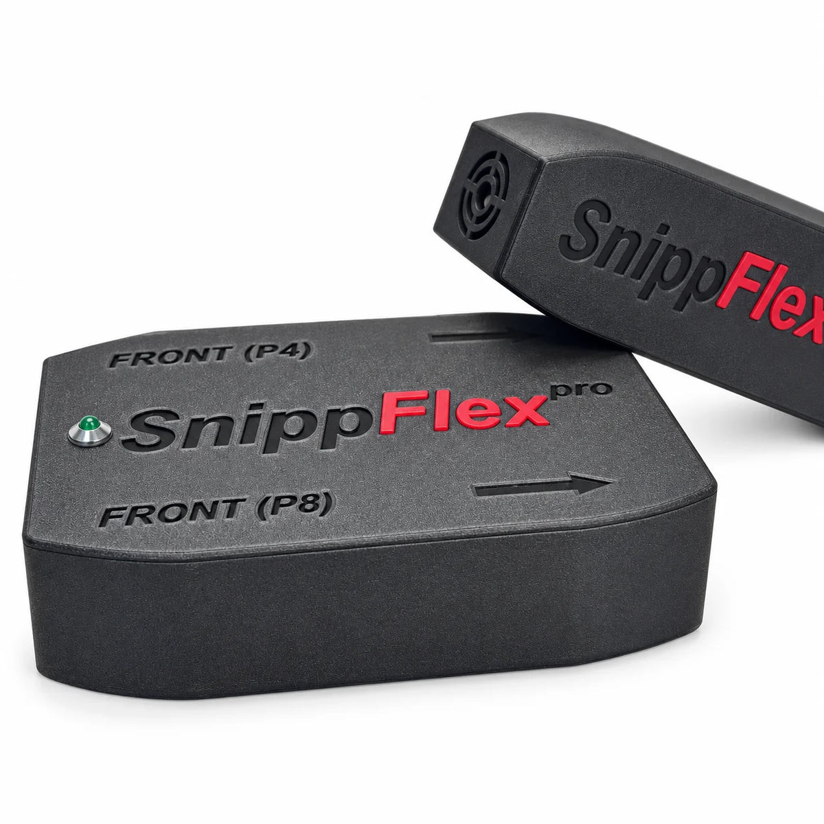 Die beiden SnippFLEX Pro Module schräg von oben, mit Richtungspfeilen und den Aufschriften Front P4 und Front P8
