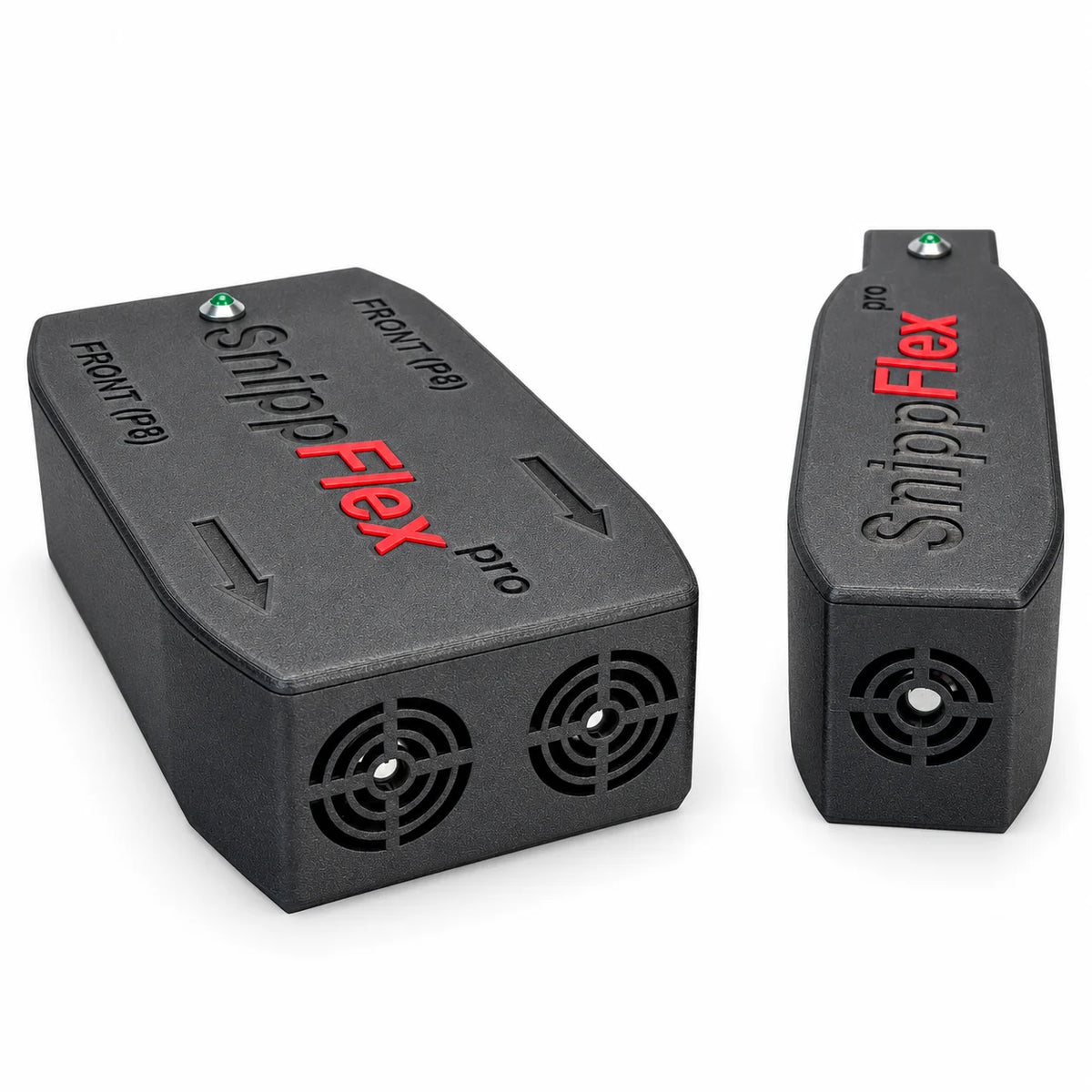 Die beiden SnippFLEX Pro Module nebeneinander, das größere mit zwei runden Gittern, das kleinere mit einem